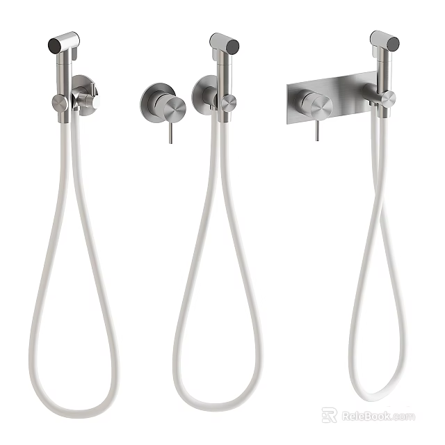 Brushed Metal Shower Fixtures With Control Knobs And Flexible Hoses Design 3d model 