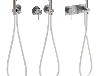 Brushed Metal Shower Fixtures With Control Knobs And Flexible Hoses Design 3d model