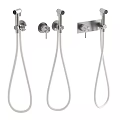 Brushed Metal Shower Fixtures With Control Knobs And Flexible Hoses Design 3d model