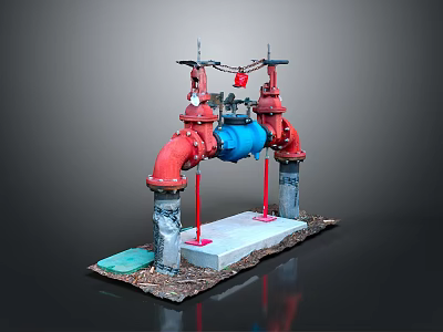 Commercial Pipeline Valve Equipment With Red Blue Structure And Concrete Base 3d model