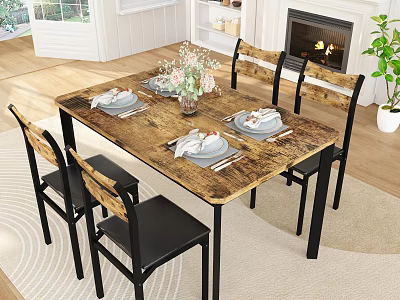 Warm Dining Room Setup With Wooden Table Black Chairs Tableware Flower Arrangement And Fireplace 3d model