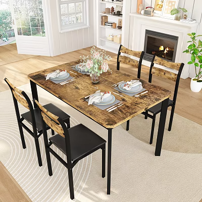 Warm Dining Room Setup With Wooden Table Black Chairs Tableware Flower Arrangement And Fireplace 3d model