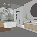 Modern Bathroom Interior With Bathtub Glass Shower Round Mirror And Wooden Vanity