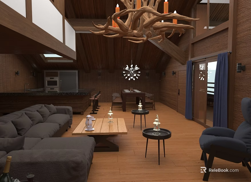 Loft Architecture Interior With Wooden Sloped Ceiling Antler Chandelier Sofa Coffee Tables And Wooden Flooring 3d model 