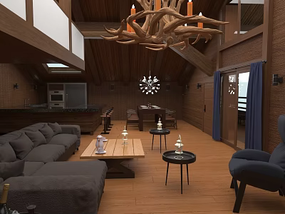 Loft Architecture Interior With Wooden Sloped Ceiling Antler Chandelier Sofa Coffee Tables And Wooden Flooring 3d model