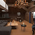 Loft Architecture Interior With Wooden Sloped Ceiling Antler Chandelier Sofa Coffee Tables And Wooden Flooring