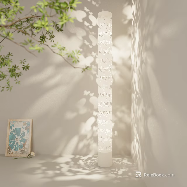 White Floor Lamp With Hollow Out Pattern Casting Shadow Near Green Plant And Picture Frame 3d model 