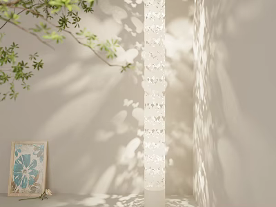 White Floor Lamp With Hollow Out Pattern Casting Shadow Near Green Plant And Picture Frame 3d model