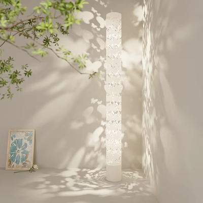 White Floor Lamp With Hollow Out Pattern Casting Shadow Near Green Plant And Picture Frame 3d model