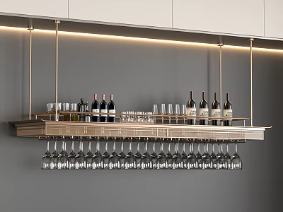 Modern Wall Mounted Wine Rack With Hanging Glasses And Wine Bottles 3d model