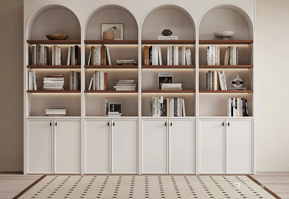 Modern Arched Bookcase With White Cabinet Doors And Wooden Shelves Holding Books And Decorative Items 3d model 