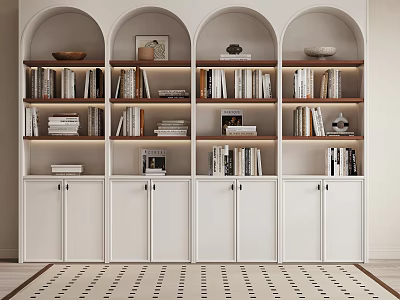 Modern Arched Bookcase With White Cabinet Doors And Wooden Shelves Holding Books And Decorative Items 3d model