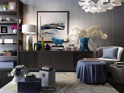 Elegant TV Stand In Modern Living Room Interior With Decorative Vases Paintings And Lighting 3d model