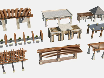 Various Outdoor Pergola Designs With Wooden Structures And Decorative Roof Styles 3d model