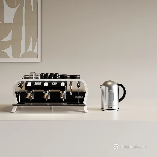 Silver Coffee Machine And Kettle Modern Kitchen Appliances On White Countertop With Decorative Wall Art 3d model 