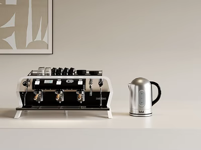 Silver Coffee Machine And Kettle Modern Kitchen Appliances On White Countertop With Decorative Wall Art 3d model