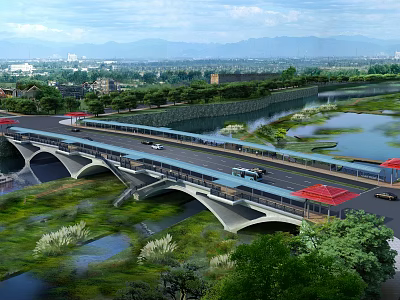Modern Bridge With Red Canopies Over River And Scenic Mountain City Landscape 3d model