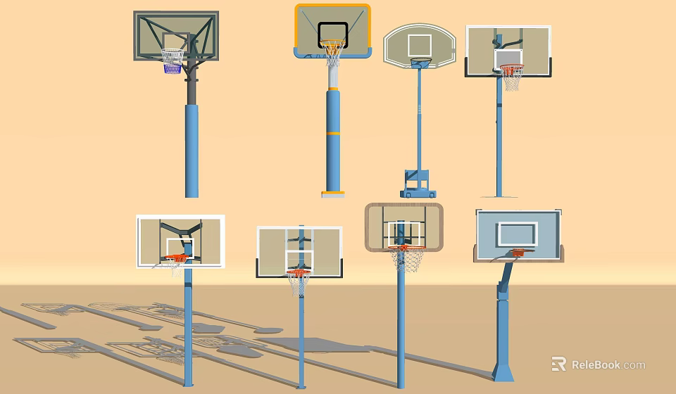 Various Types of Basketball Hoops Sports Equipment with Backboards Poles and Rims 3d model 