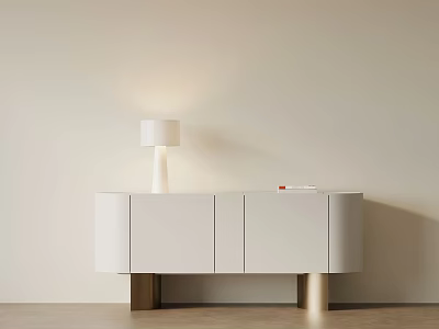 White Cabinet With Golden Legs And White Table Lamp On Light Colored Wall Wooden Floor 3d model