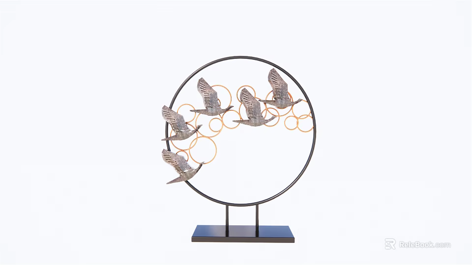 Metal Circular Frame Decorative Ornament Set With Birds And Orange Rings On Black Base 3d model 