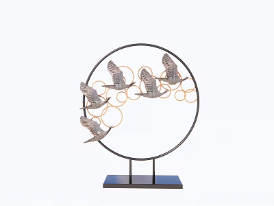 Metal Circular Frame Decorative Ornament Set With Birds And Orange Rings On Black Base 3d model