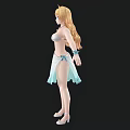 Woman With Blonde Hair White Top Blue White Gradient Skirt Arms Outstretched Black Background