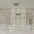 Modern Clothing Store With White Clothes Racks Mannequins Glass Partitions Marble Floor And Pendant Lights