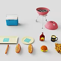 Outdoor Picnic Supplies Including Cooler Grill Plates And Food Items Like Hotdogs Hamburger Fries
