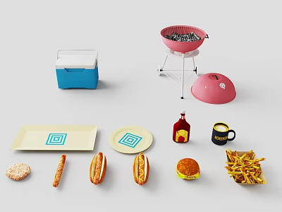 Outdoor Picnic Supplies Including Cooler Grill Plates And Food Items Like Hotdogs Hamburger Fries 3d model