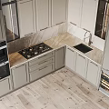 Modern Kitchen Interior With Neutral Tones Cabinets Marble Countertop And Built-in Appliances