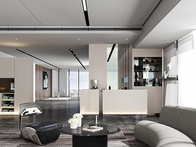 Modern Office Interior Design With Open Space Sofa Coffee Table And Floor To Ceiling Windows 3d model