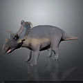 Light Purple Horned Dinosaur Character With Open Mouth Frilled Head Blue Eyes On Gray Background