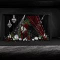 Elegant Banquet Hall With Red Curtains Green Plants White Red Flowers Chandeliers And Silver Spheres