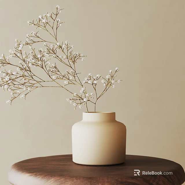 Stylish Decorative Ornament Set With White Vase And Small White Flowers On Brown Table 3d model 
