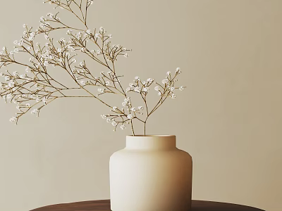 Stylish Decorative Ornament Set With White Vase And Small White Flowers On Brown Table 3d model
