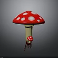 Red Mushroom With White Spots And Smaller Mushroom Growth And Root Structures