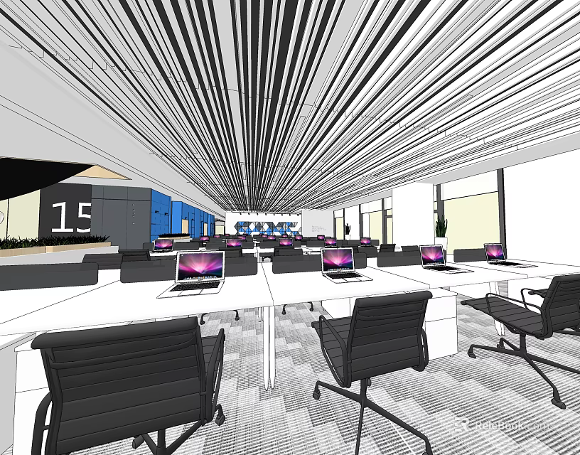 Modern Public Office Space Interior With Desks Black Chairs Laptops And Striped Ceiling 3d model