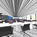 Modern Public Office Space Interior With Desks Black Chairs Laptops And Striped Ceiling 3d model