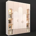 Light Beige Wardrobe With Cloud Shaped Doors Arched Light Strips And Open Shelves With Decorations