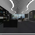 Elegant Office Interior With Black Bookshelves Striped Ceiling Curved Lights And Beige Sofas