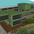 Modern Green Container Building With Multi Level Structure Outdoor Platform And Wooden Steps 3d model