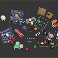 Colorful Household Items Toys Blue Boxes Yellow Dolls Green Balls And Models