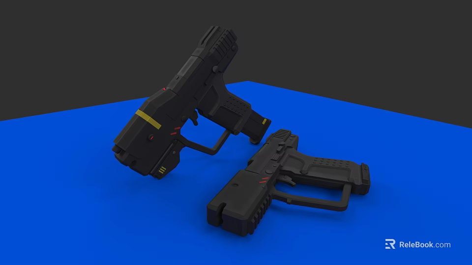 Two Modern Black Tactical Guns Displayed On Blue Platform With Red Accents 3d model 