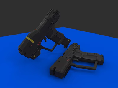 Two Modern Black Tactical Guns Displayed On Blue Platform With Red Accents 3d model