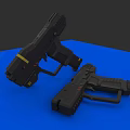 Two Modern Black Tactical Guns Displayed On Blue Platform With Red Accents