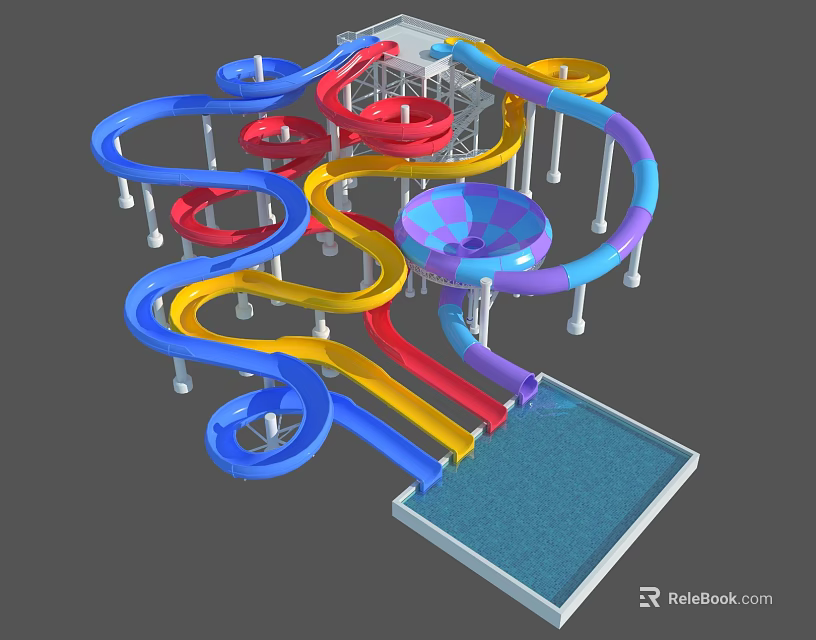 Colorful Twisting Water Park Play Equipment With Multiple Slides And Circular Rectangular Pools 3d model 