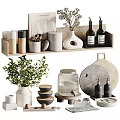 Minimalist Tableware Set With Wooden Shelf Vases Jars Cutting Boards And Green Plants