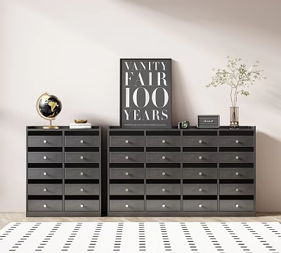 Dark Multi Drawer Dressers Topped With Globe Books Greenery And Decorative Sign Against Light Wall 3d model