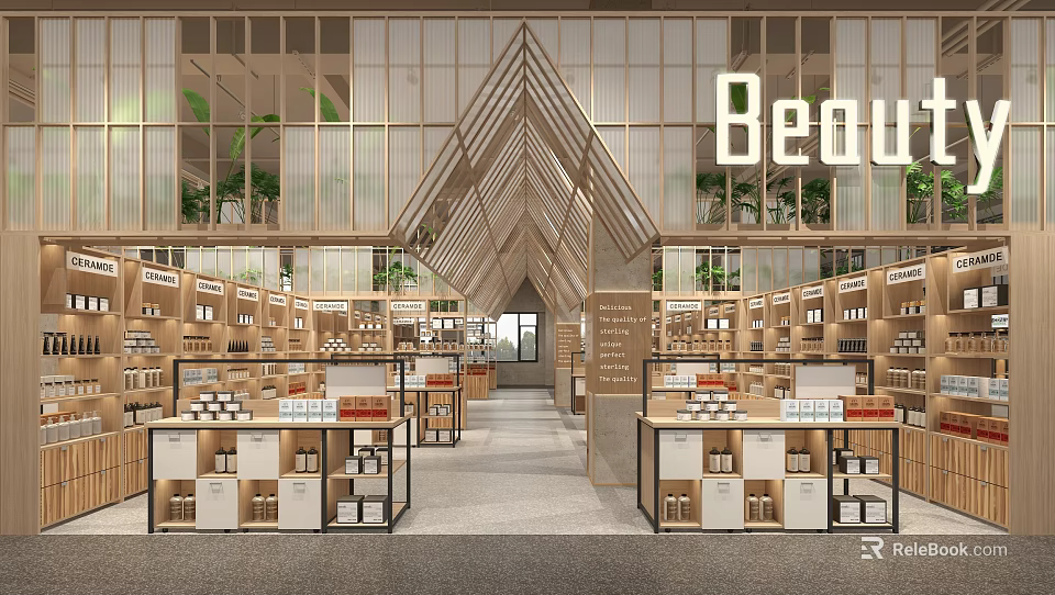 Modern Supermarket Department Store Interior With Wooden Shelves And Organized Product Displays 3d model 