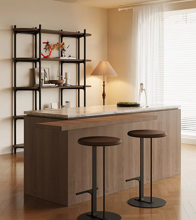 Modern Dining Counter With Stools Shelf Decorative Items And Table Lamp 3d model